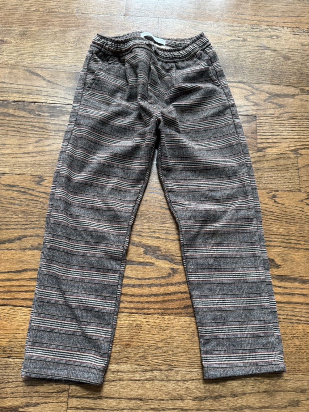 Zara Boys Plaid Pull-On Pants Elastic Waist Trouser Brown Stripe Size 7